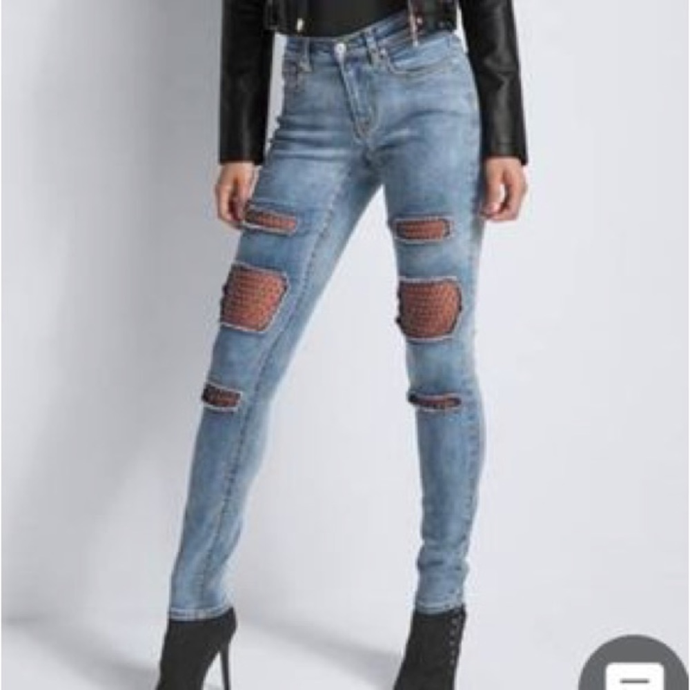 Rhinestone fishnet distressed jeans EUC